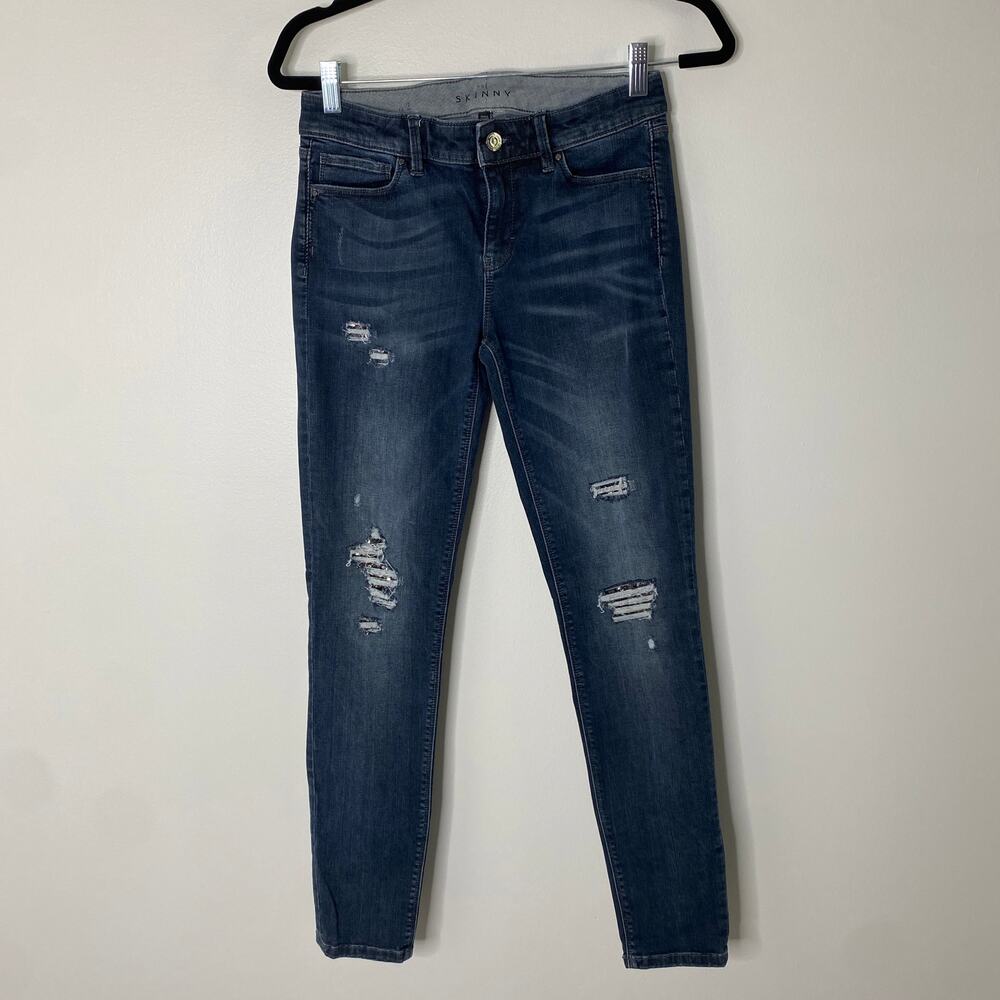 White House Black Market WHBM Gray Sequined Distressed Mid-Rise Skinny Jeans 2